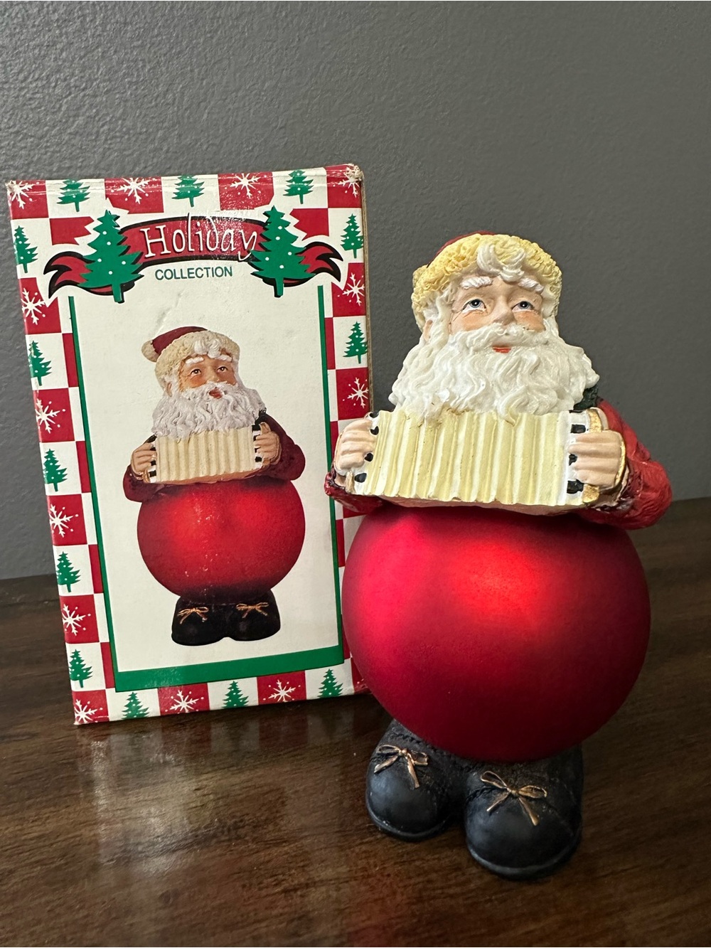 World Bazaars Holiday Collection Santa Holding Accordion Resin Figurine w/ Box